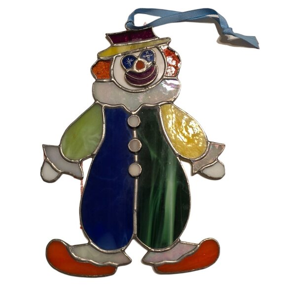 Vtg Stained Glass Clown Suncatcher Hanging Decoration Whimsical Ornament Happy - Picture 5 of 5